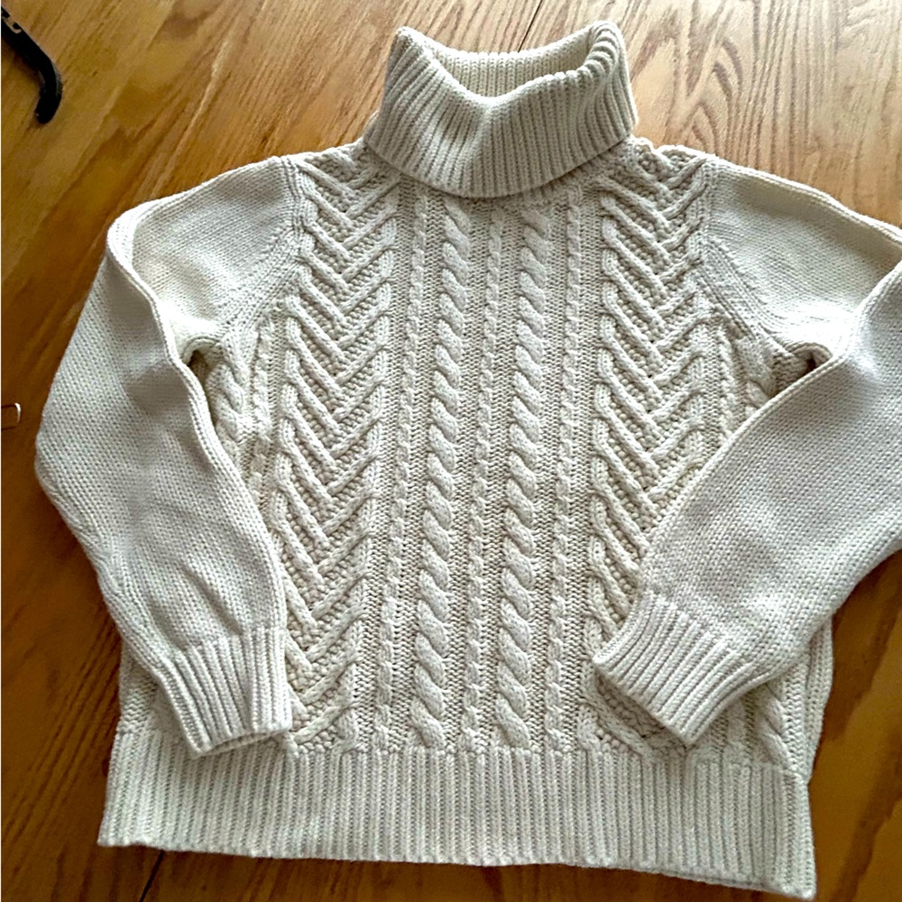 Lands End ivory cable knit turtleneck sweater.